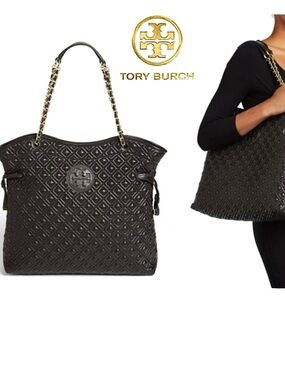 Tory Burch Marion Quilted Leather Slouchy Tote/Shoulder Bag in Black